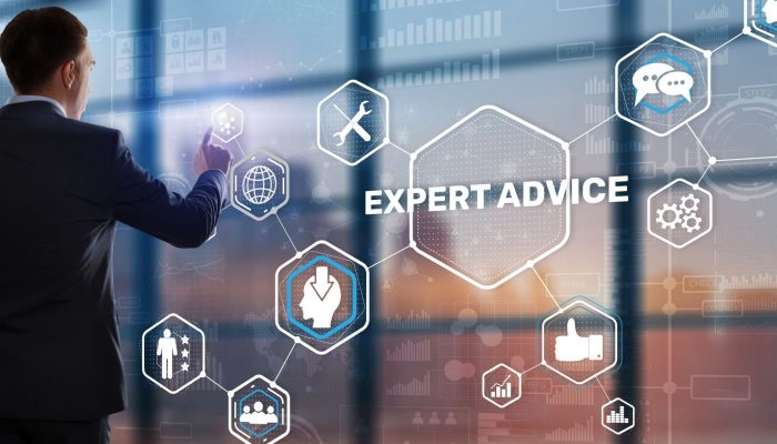Businessman touching finger on the virtual screen and selecting Expert advice.